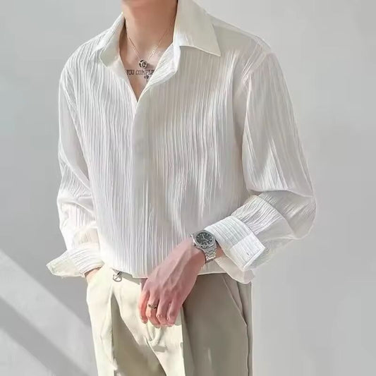 Trendy Stylish Striped No-iron Shirt Autumn Texture Top Korean Version Loose-fit Casual Long Sleeves Shirt For Men