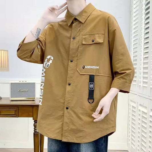 Youth Workwear 2024 New Patchwork Square Collar Button Pocket Fashion Solid Color Loose Casual Seven Quarter Sleeve Shirts